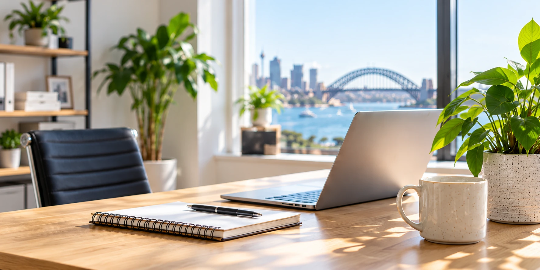 A bright office workspace with a laptop, notebook and plants